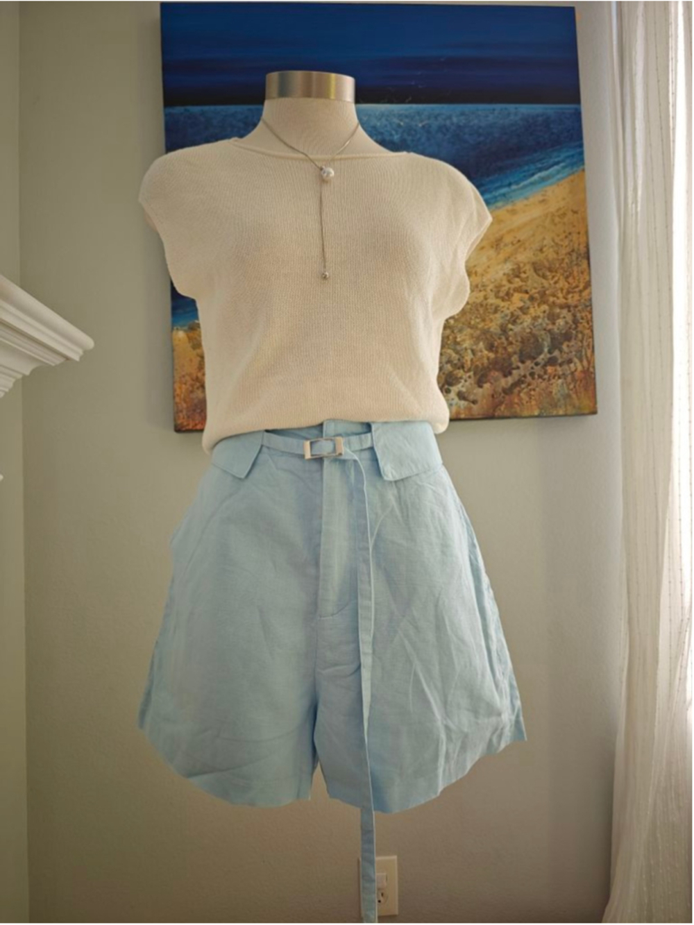 Light blue linen blend A-line shorts